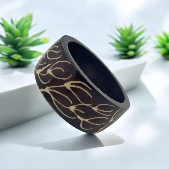 Dark Resin Bangle with Abstract Organic Inlays - Boho Statement Bracelet - Picture 2 of 2